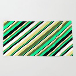 [ Thumbnail: Eyecatching Tan, Dark Olive Green, Green, Black, and White Colored Lines/Stripes Pattern Beach Towel ]