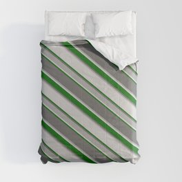 [ Thumbnail: Dim Grey, Dark Grey, Light Gray, and Dark Green Colored Stripes/Lines Pattern Comforter ]