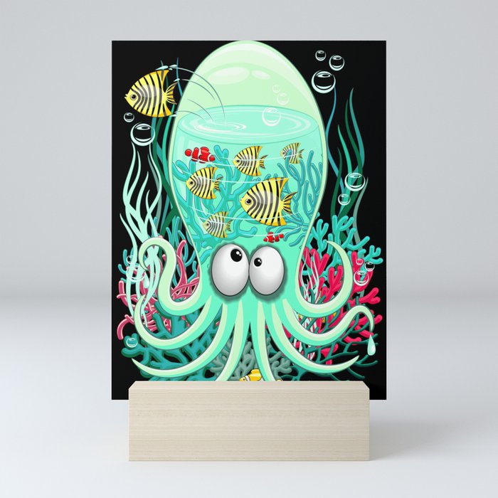 Octopus Silly Funny Character on Coral Reef Pattern Mini Art Print