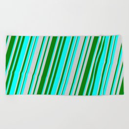 [ Thumbnail: Green, Cyan, and Light Gray Colored Lines Pattern Beach Towel ]
