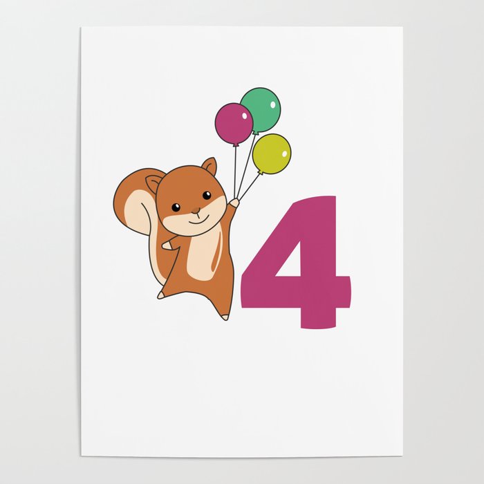 Squirrel Fourth Birthday Balloons Kids Poster