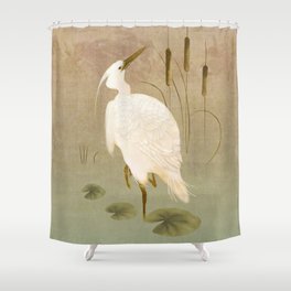 White Heron in Bulrushes Shower Curtain