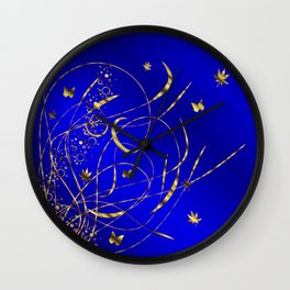 blue festive shiny metal pattern with small butterflies, Asian flowers and drops of water Wall Clock