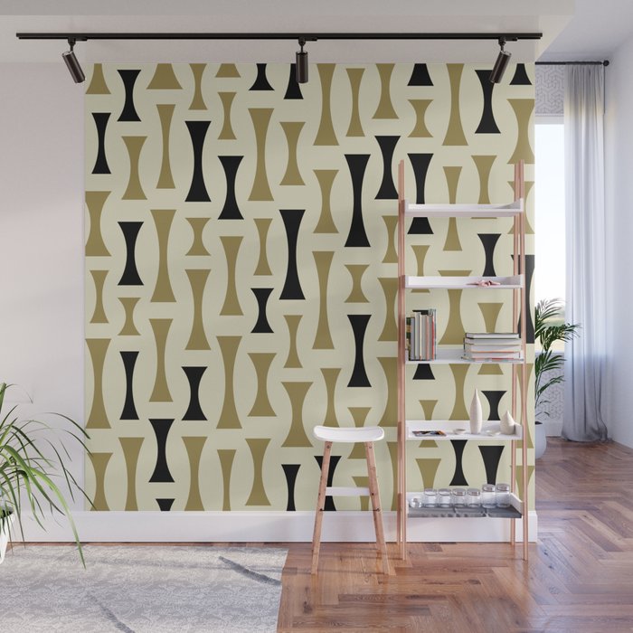 Retro Mid Century Modern Abstract Pattern 627 Gold Black and Beige Wall Mural