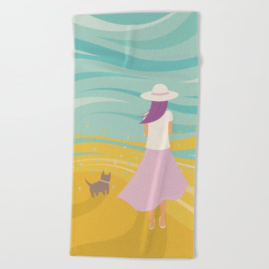 Listen to the Ocean (Girl and Cat Vector Graphic Illustration) Beach Towel