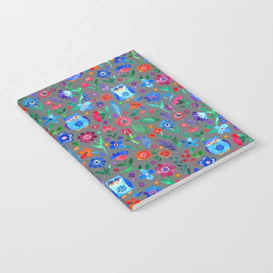 Little Owls and Flowers on Grey Notebook