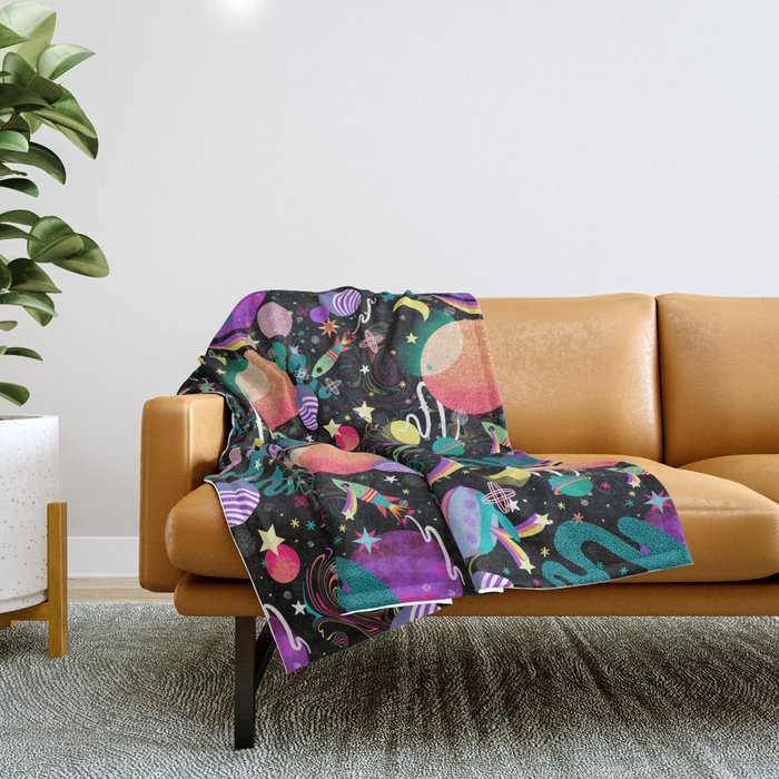 Are We There Yet Space Theme Colorful Galaxy Pop-Art Kids Pattern Throw Blanket