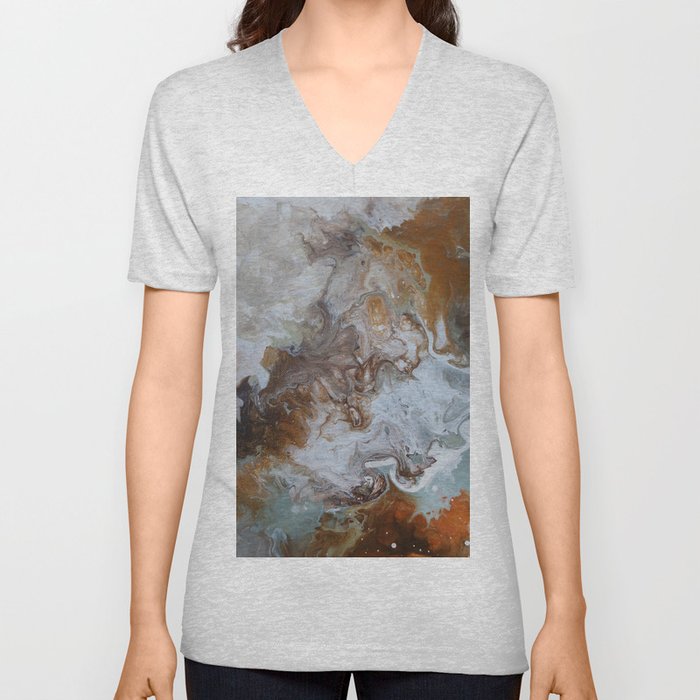 Sage and Umber Paint Pour Print V Neck T Shirt