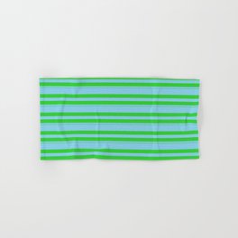 [ Thumbnail: Sky Blue & Lime Green Colored Stripes/Lines Pattern Hand & Bath Towel ]