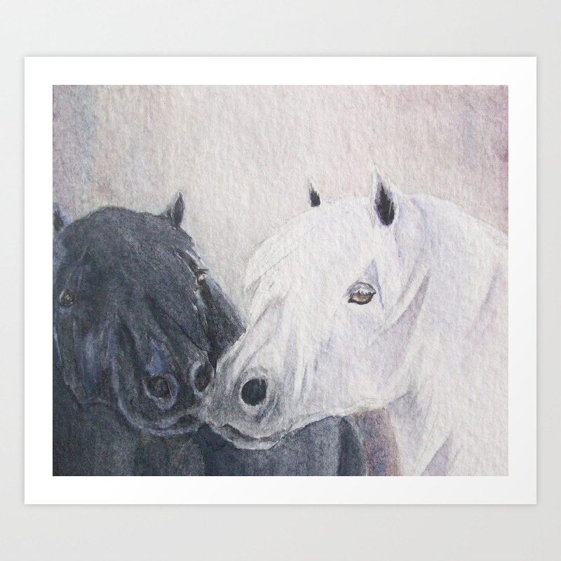 Pony Kiss Black And White Shetland Ponies Art Print By