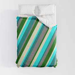 [ Thumbnail: Vibrant Gray, Dark Green, Light Yellow, Aqua, and Teal Colored Lines Pattern Duvet Cover ]