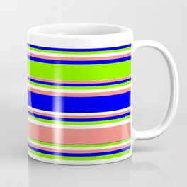 [ Thumbnail: Blue, Green, White, and Salmon Colored Lined Pattern Coffee Mug ]