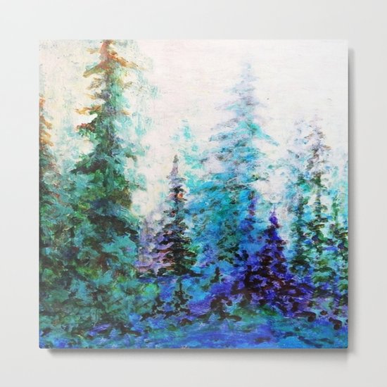 Mountain Landscape Pines In Blue-Greens-Purple Metal Print