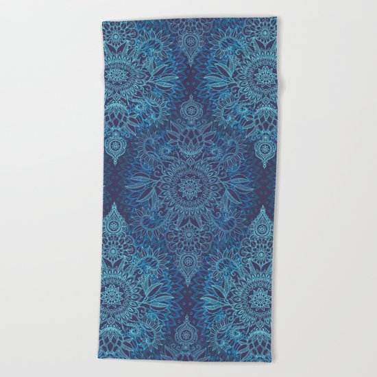 Aqua, Cobalt Blue & Purple Protea Doodle Pattern Beach Towel