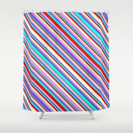 [ Thumbnail: Eyecatching Light Yellow, Plum, Slate Blue, Aqua & Red Colored Stripes/Lines Pattern Shower Curtain ]