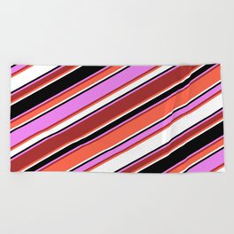 [ Thumbnail: Eye-catching Violet, Brown, Red, White & Black Colored Striped/Lined Pattern Beach Towel ]
