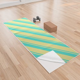 [ Thumbnail: Turquoise and Tan Colored Lined/Striped Pattern Yoga Towel ]