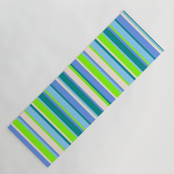 Eye-catching Chartreuse, Light Sky Blue, Dark Cyan, Cornflower Blue, and Beige Colored Lines Pattern Yoga Mat