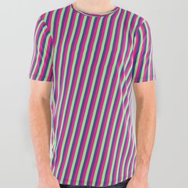 [ Thumbnail: Deep Pink, Green, and Dark Slate Blue Colored Lines/Stripes Pattern All Over Graphic Tee ]