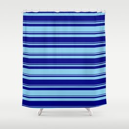 [ Thumbnail: Blue and Sky Blue Colored Stripes/Lines Pattern Shower Curtain ]