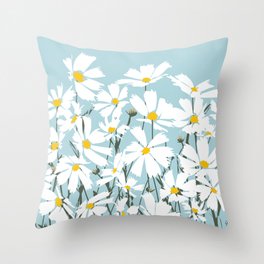 Les Fleurs de Paris - White Cosmos Flowers on Blue Throw Pillow