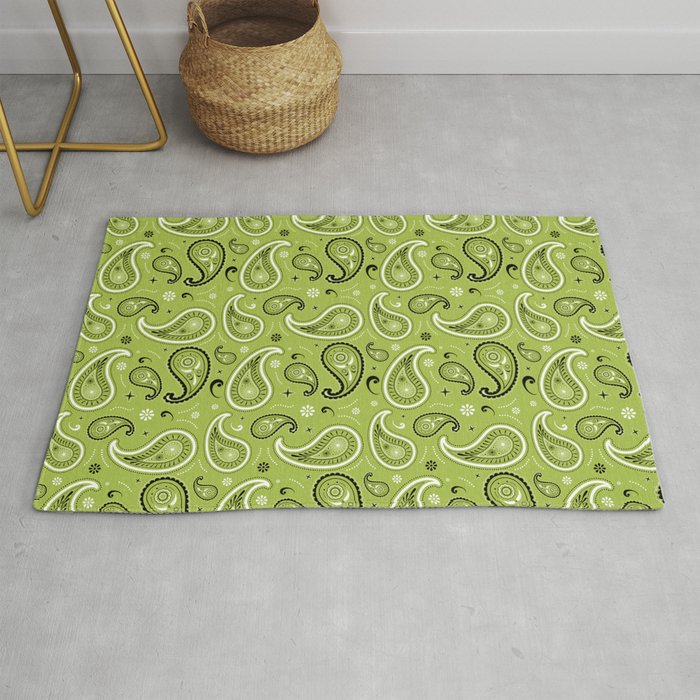 Black and White Paisley Pattern on Light Green Background Rug