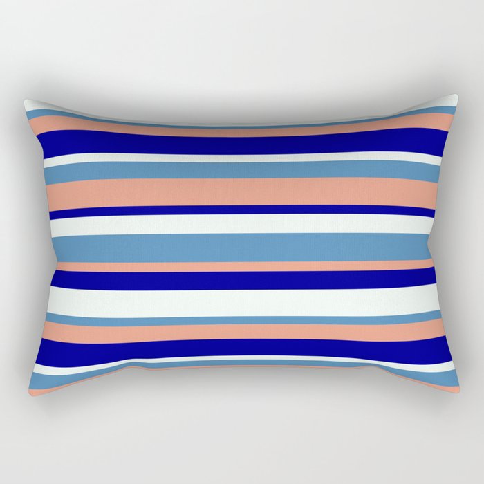 Blue, Dark Salmon, Dark Blue & Mint Cream Colored Stripes Pattern Rectangular Pillow