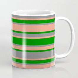[ Thumbnail: Grey, Dark Salmon & Green Colored Lines Pattern Coffee Mug ]