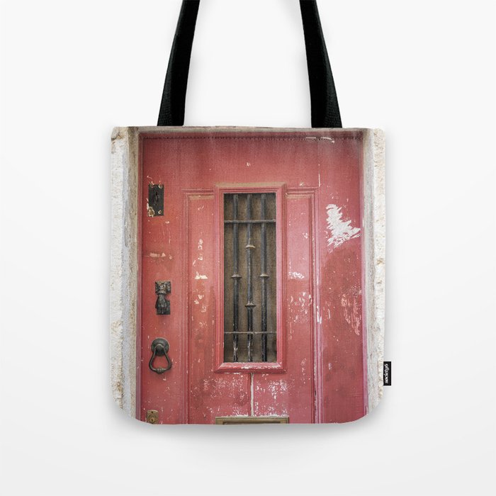 The red door nr 76 Art print - Alfama, Lisbon summer street and travel photography Tote Bag