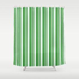 [ Thumbnail: Forest Green & Mint Cream Colored Pattern of Stripes Shower Curtain ]