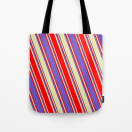 [ Thumbnail: Red, Slate Blue, and Pale Goldenrod Colored Lined/Striped Pattern Tote Bag ]