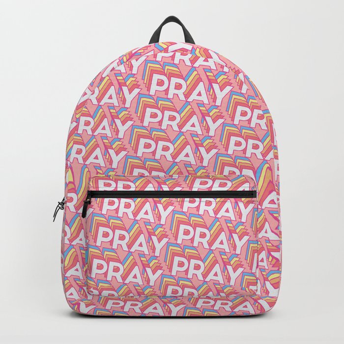 'Pray' Trendy Rainbow Text Pattern (Pink) Backpack