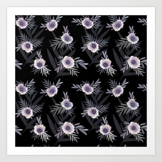 Floral pattern with anemone flowers, romantic print black background Art Print
