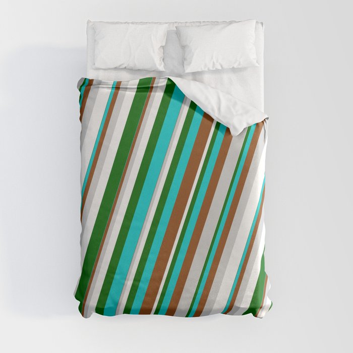 Eyecatching Dark Turquoise, Brown, Light Gray, White & Dark Green Colored Lined Pattern Duvet Cover
