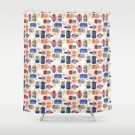 Vintage canned sardines // white background peacock teal and mandy red cans  Shower Curtain