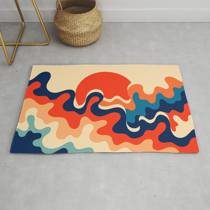 Retro 70s and 80s Color Palette Abstract Mid-Century Minimalist Nature Art Sun and Swirling Waves Rug