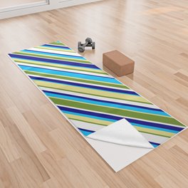[ Thumbnail: Colorful Blue, Deep Sky Blue, Tan, Green & White Colored Lined Pattern Yoga Towel ]