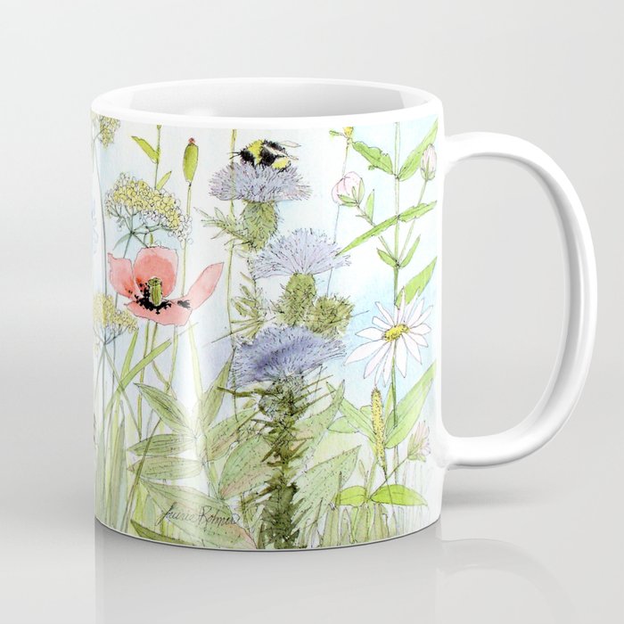 Floral Watercolor Botanical Cottage Garden Flowers Bees Nature Art Coffee Mug