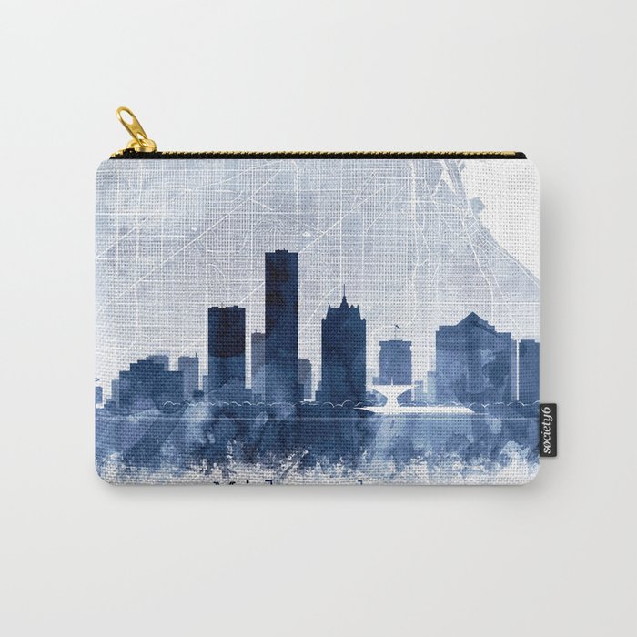 Milwaukee Skyline & Map Watercolor Navy Blue, Print by Zouzounio Art Carry-All Pouch