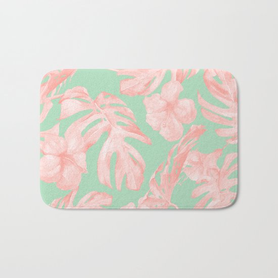 Tropical Palm Leaves Hibiscus Pink Mint Green Bath Mat