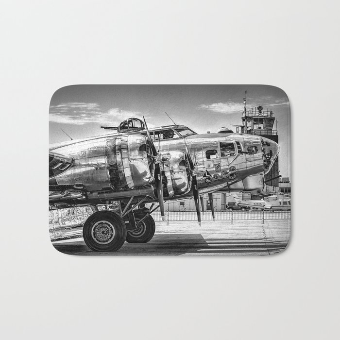 WWII Flying Fortress aviation bomber airplane flight portrait black and white photograph - photography - photographs Bath Mat