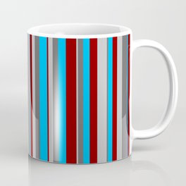 [ Thumbnail: Grey, Dim Grey, Deep Sky Blue & Dark Red Colored Stripes Pattern Coffee Mug ]