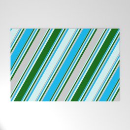 [ Thumbnail: Deep Sky Blue, Light Cyan, Dark Green & Light Gray Colored Lines Pattern Welcome Mat ]