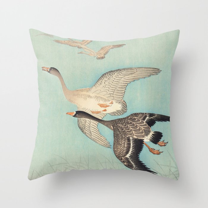 Geese flying in formation - Vintage Japanese Woodblock Print Art Throw Pillow