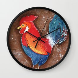 Colorful Rooster on Brown Background Wall Clock