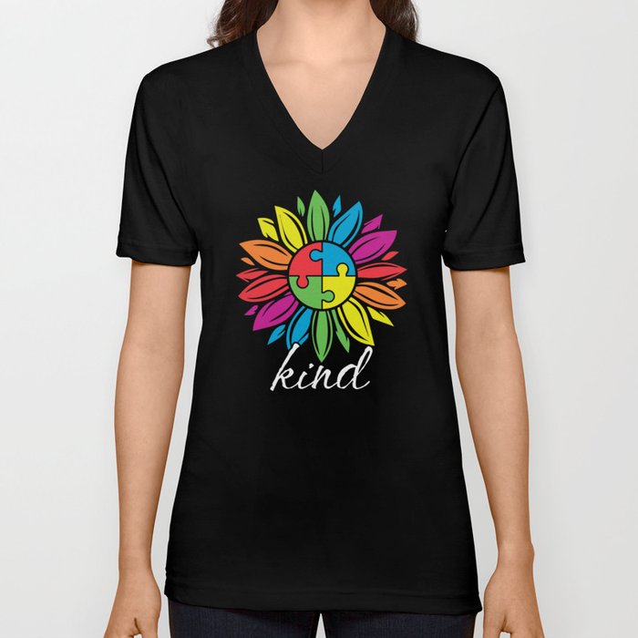 Autism Awareness Kind Sunflower V Neck T Shirt