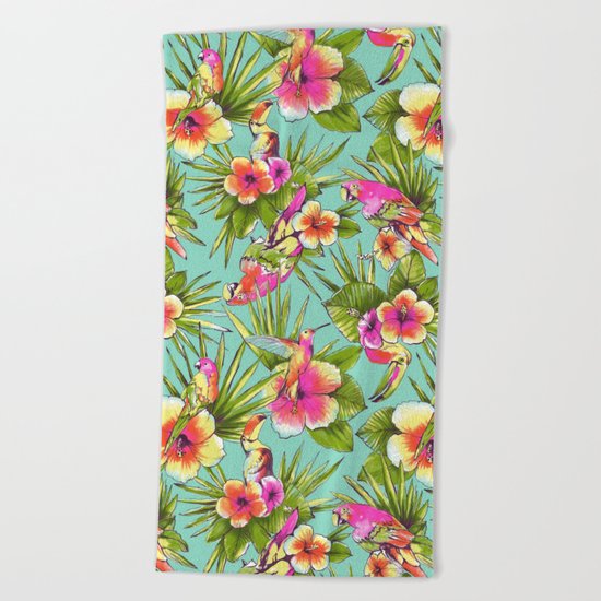 Tropical flowers with parrots Beach Towel