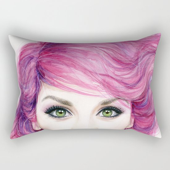 Pink Hair Green Eyes Beautiful Girl Rectangular Pillow