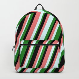 [ Thumbnail: Forest Green, Black, Light Coral & Light Cyan Colored Stripes/Lines Pattern Backpack ]