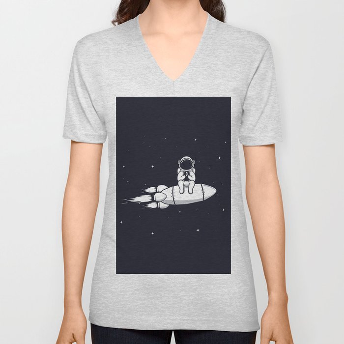 Astronaut Play with Mobile Phone V Neck T Shirt